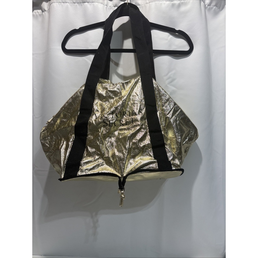 Victoria's Secret Gold VS Bag Metallic Black Zip Up Duffel Gym Fold Travel